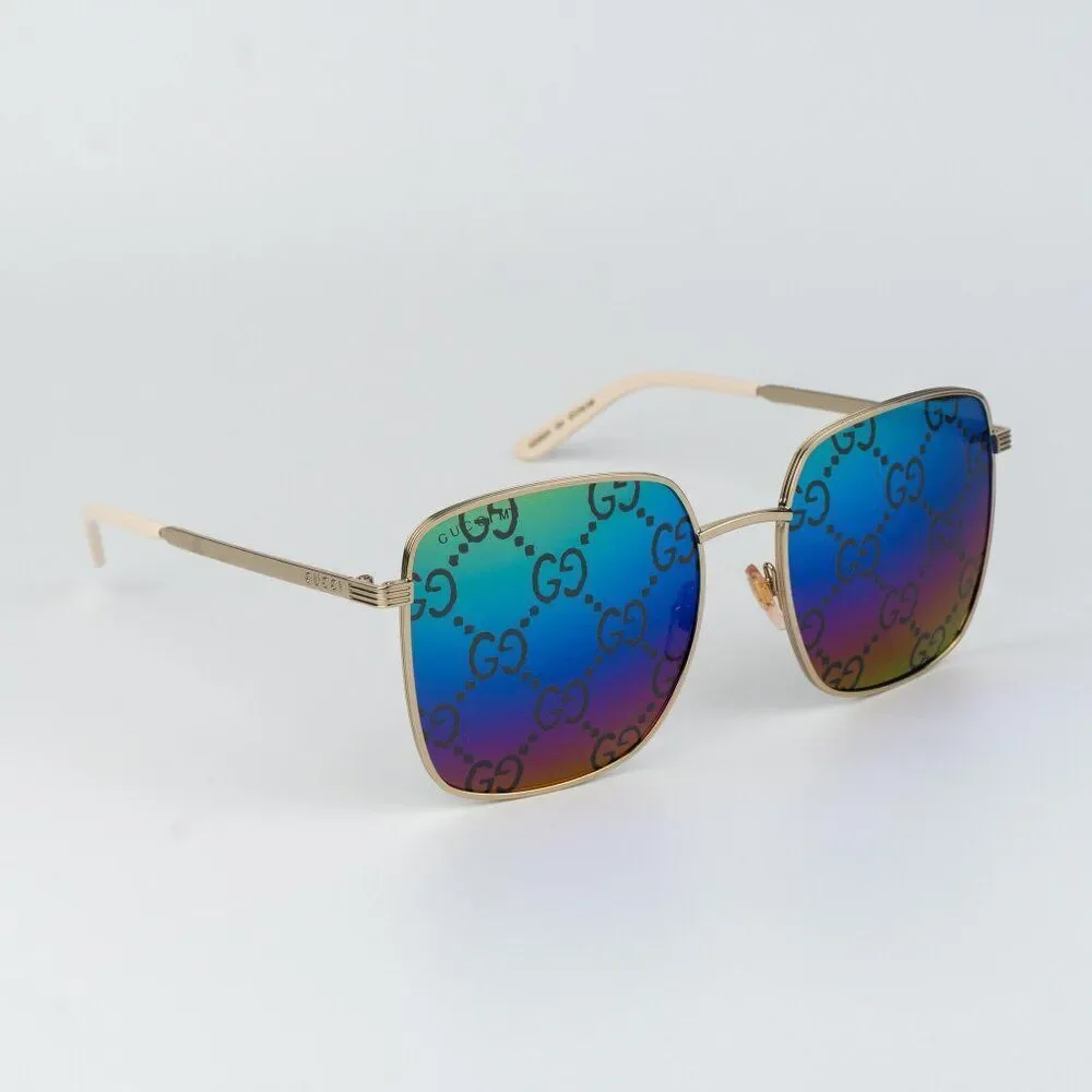 Gucci Men Sunglasses Gold Multicolor GG Pattern Mirror Square GG0802S 004